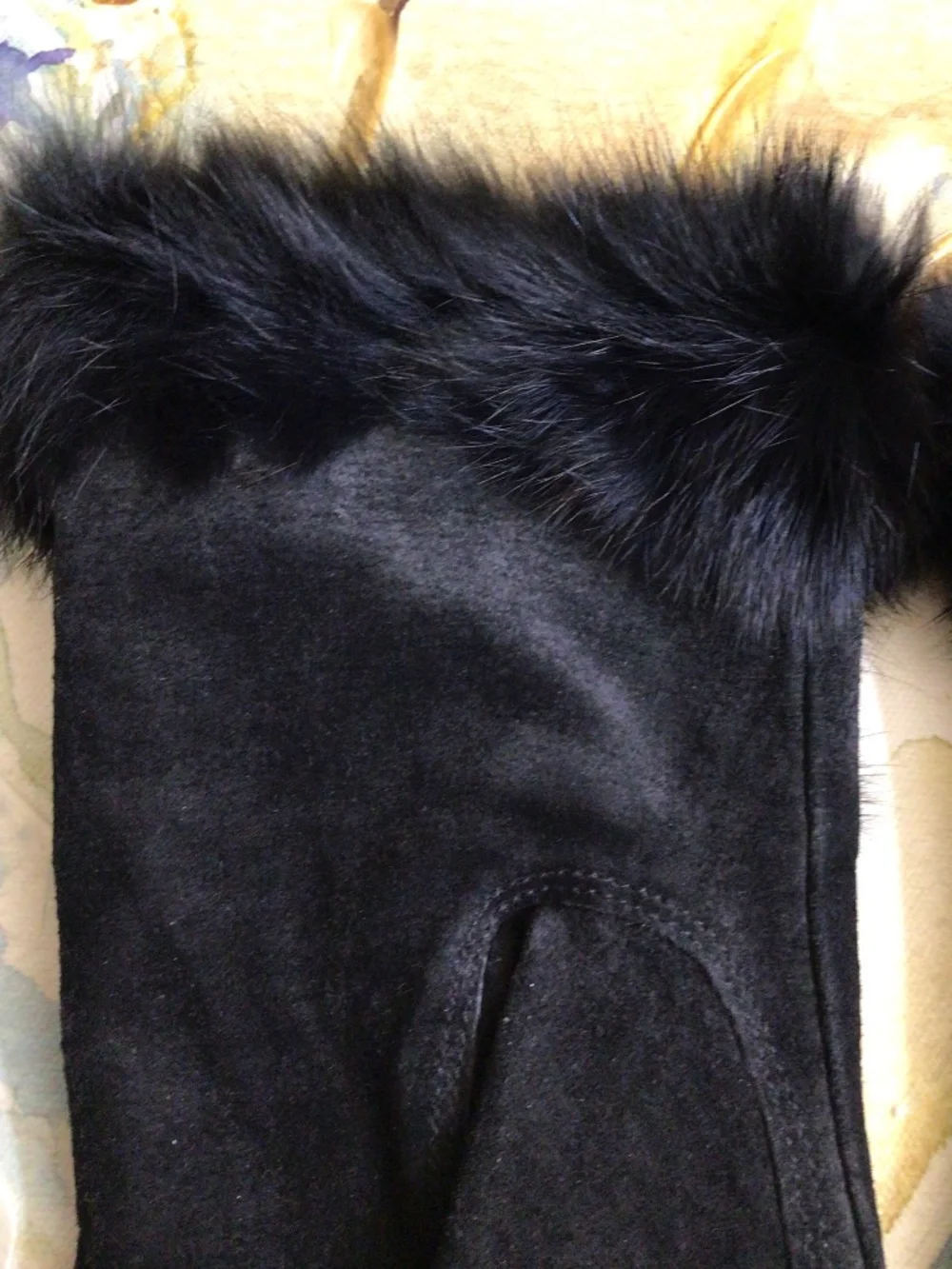 Genuine Suede Leather Black Women’s Gloves with Rabbit Fur Cuffs Size M